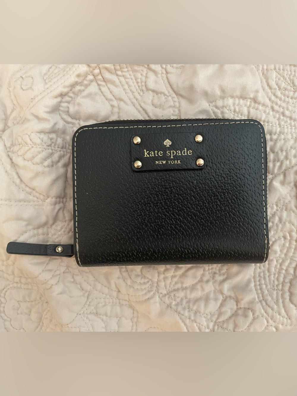 kate spade Black Pebbled Leather Zip Wallet with Pink Interior